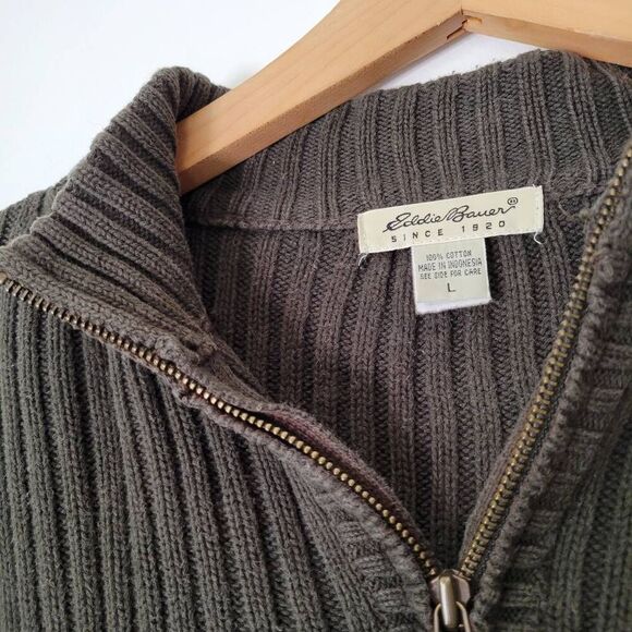 Eddie Bauer Men’s Ribbed Half Zip Sweater L Olive Green 100% Cotton Vintage Y2K - Picture 4 of 7
